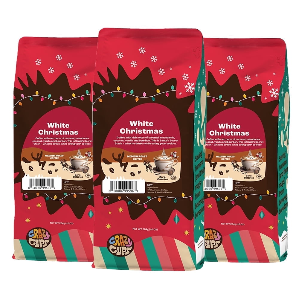 Crazy Cups Flavored Ground Christmas Coffee, White Christmas Coffee in 10 oz Bag, For Brewing Flavored Hot or Iced Coffee, 3 Pack
