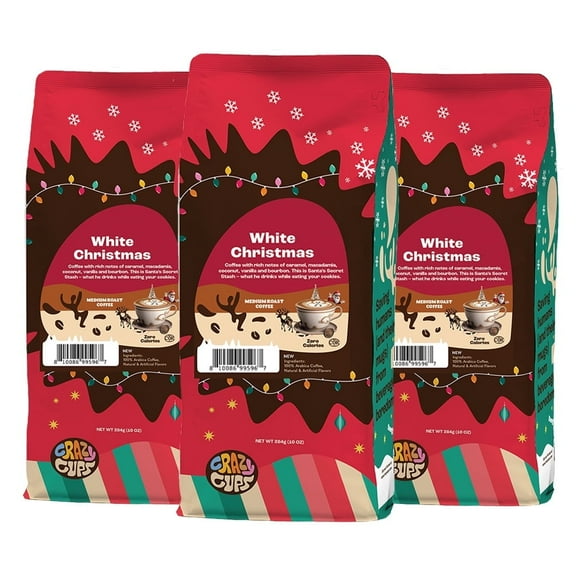 Crazy Cups Flavored Ground Christmas Coffee, White Christmas Coffee in 10 oz Bag, For Brewing Flavored Hot or Iced Coffee, 3 Pack