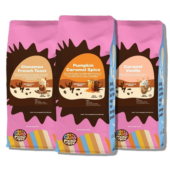 Crazy Cups Flavored Ground Coffee Variety Pack, Includes Cinnamon French Toast, Caramel Vanilla, Pumpkin Caramel Spice, in 10 oz Bags, For Brewing Flavored Hot or Iced Coffee, Variety 3 Pack