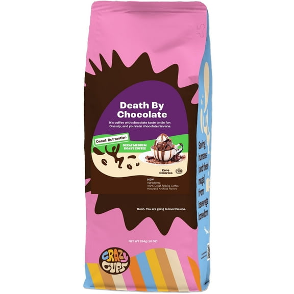 Crazy Cups Flavored Ground Decaf Chocolate Coffee, Decaffeinated Death By Chocolate Coffee in 10 oz Bag, For Brewing Flavored Hot or Iced Coffee