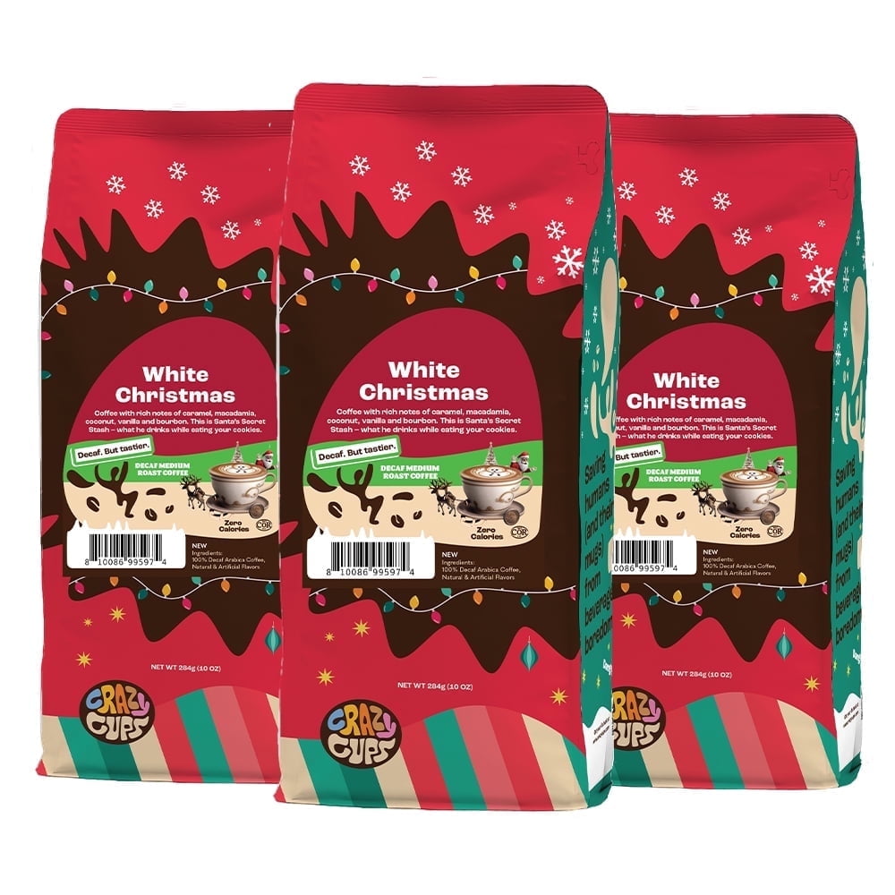 Crazy Cups Flavored Ground Decaf Christmas Coffee, Decaffeinated White Christmas Coffee in 10 oz Bag, For Brewing Flavored Hot or Iced Coffee, 3 Pack