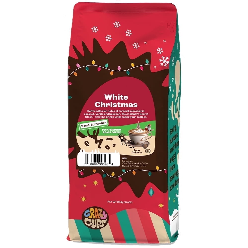 Crazy Cups Flavored Ground Decaf Christmas Coffee, Decaffeinated White Christmas Coffee in 10 oz Bag, For Brewing Flavored Hot or Iced Coffee