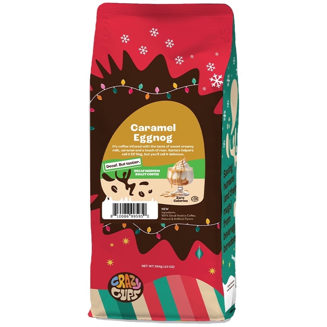 Crazy Cups Flavored Ground Decaf Eggnog Coffee, Decaffeinated Caramel Eggnog Coffee in 10 oz Bag, For Brewing Flavored Hot or Iced Coffee
