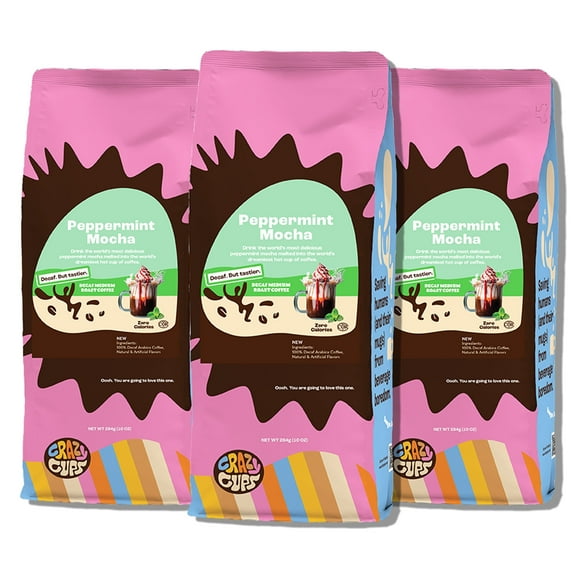 Crazy Cups Flavored Ground Decaf Peppermint Coffee, Decaffeinated Peppermint Mocha Coffee in 10 oz Bag, For Brewing Flavored Hot or Iced Coffee, 3 Pack