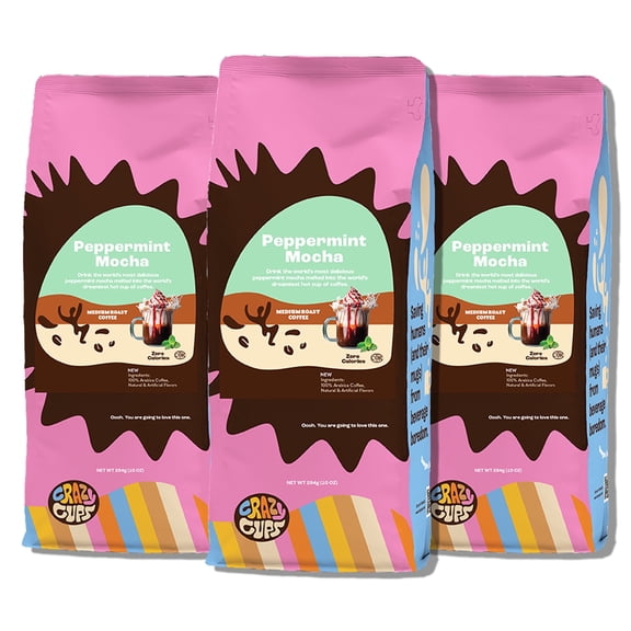 Crazy Cups Flavored Ground Peppermint Coffee, Peppermint Mocha Coffee in 10 oz Bag, For Brewing Flavored Hot or Iced Coffee, 3 Pack