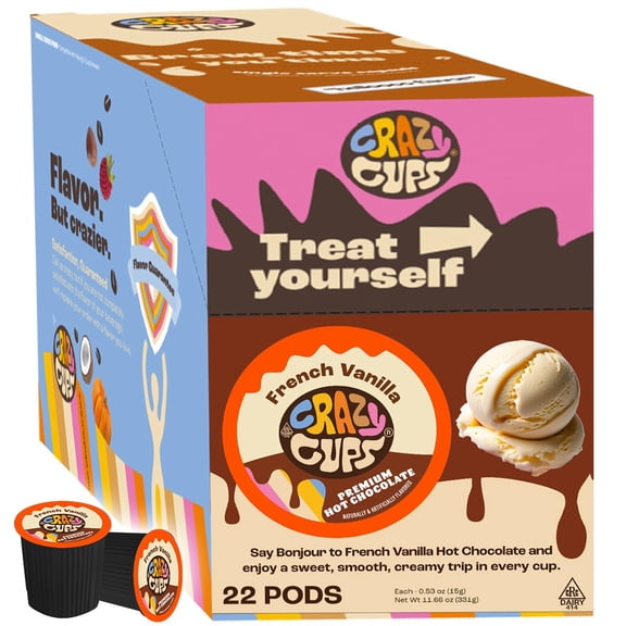 Crazy Cups French Vanilla Hot Chocolate Pods - Smooth and Creamy Cocoa Mix for Keurig K-Cup Brewers, 22 Count