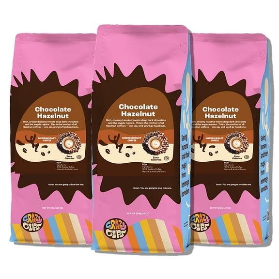 Crazy Cups Hazelnut Ground Coffee, Medium Roast, 3, 10 Ounce bag, For Brewing Flavored Hot or Iced Coffee