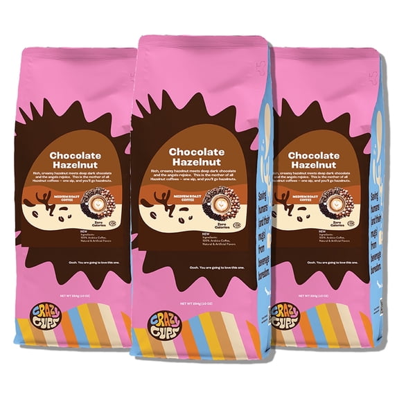 Crazy Cups Chocolate Hazelnut Ground Coffee, Medium Roast, 3, 10 Ounce bag, For Brewing Flavored Hot or Iced Coffee
