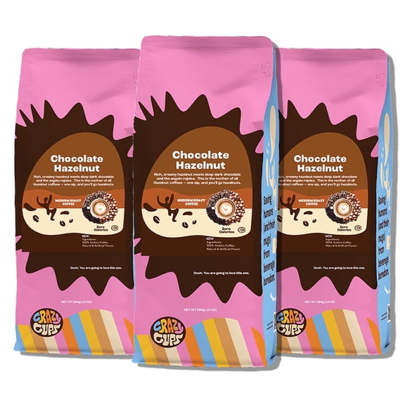 Crazy Cups Chocolate Hazelnut Ground Coffee, Medium Roast, 3, 10 Ounce bag, For Brewing Flavored Hot or Iced Coffee