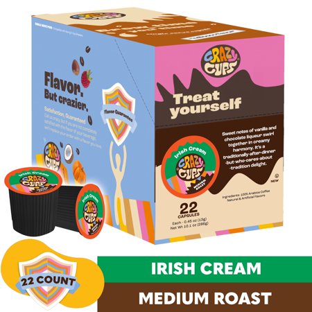 Crazy Cups Naturally Caffeinated Irish Cream Flavored Medium Roast Coffee Pods, 0.45 oz, 22 Count