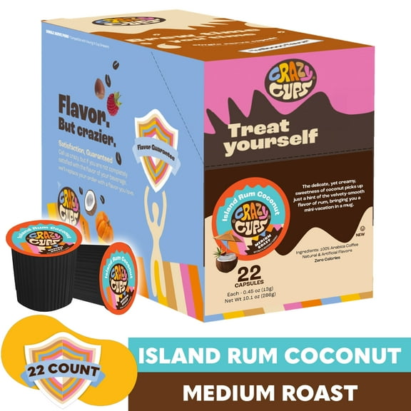 Crazy Cups Island Rum Coconut Flavored Coffee pods, Single-Serve Medium Roast Coffee Cups for Keurig K-Cup Machines, Hot or Iced, 22 Count