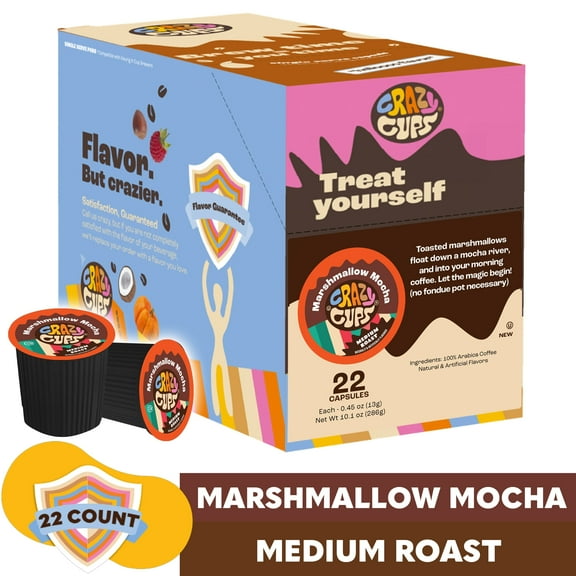 Crazy Cups Marshmallow Mocha Coffee Pods, Medium Roast, 22 Count for Keurig K Cups Machines