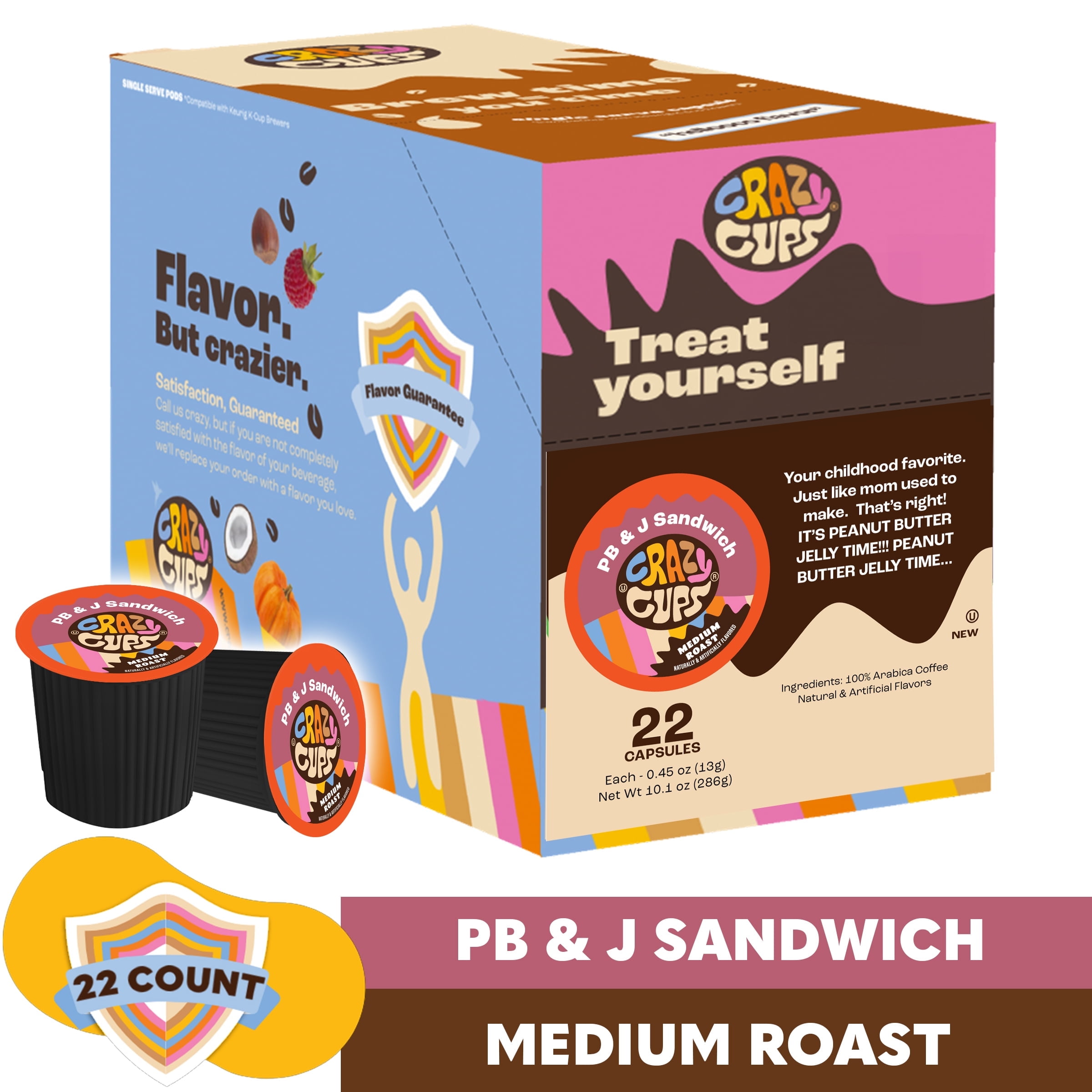 Crazy Cups Peanut Butter & Jelly Sandwich Coffee Pods, Medium Roast, 22 Count for Keurig K-Cup Machines