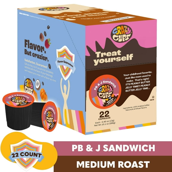 Crazy Cups Peanut Butter & Jelly Sandwich Coffee Pods, Medium Roast, 22 Count for Keurig K-Cup Machines