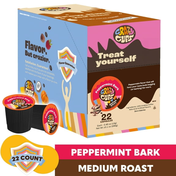 Crazy Cups Peppermint Bark Flavored Coffee pods, Holiday Coffee, Single-Serve Medium Roast Coffee Cups for Keurig K-Cup Machines, Hot or Iced, 22 Count