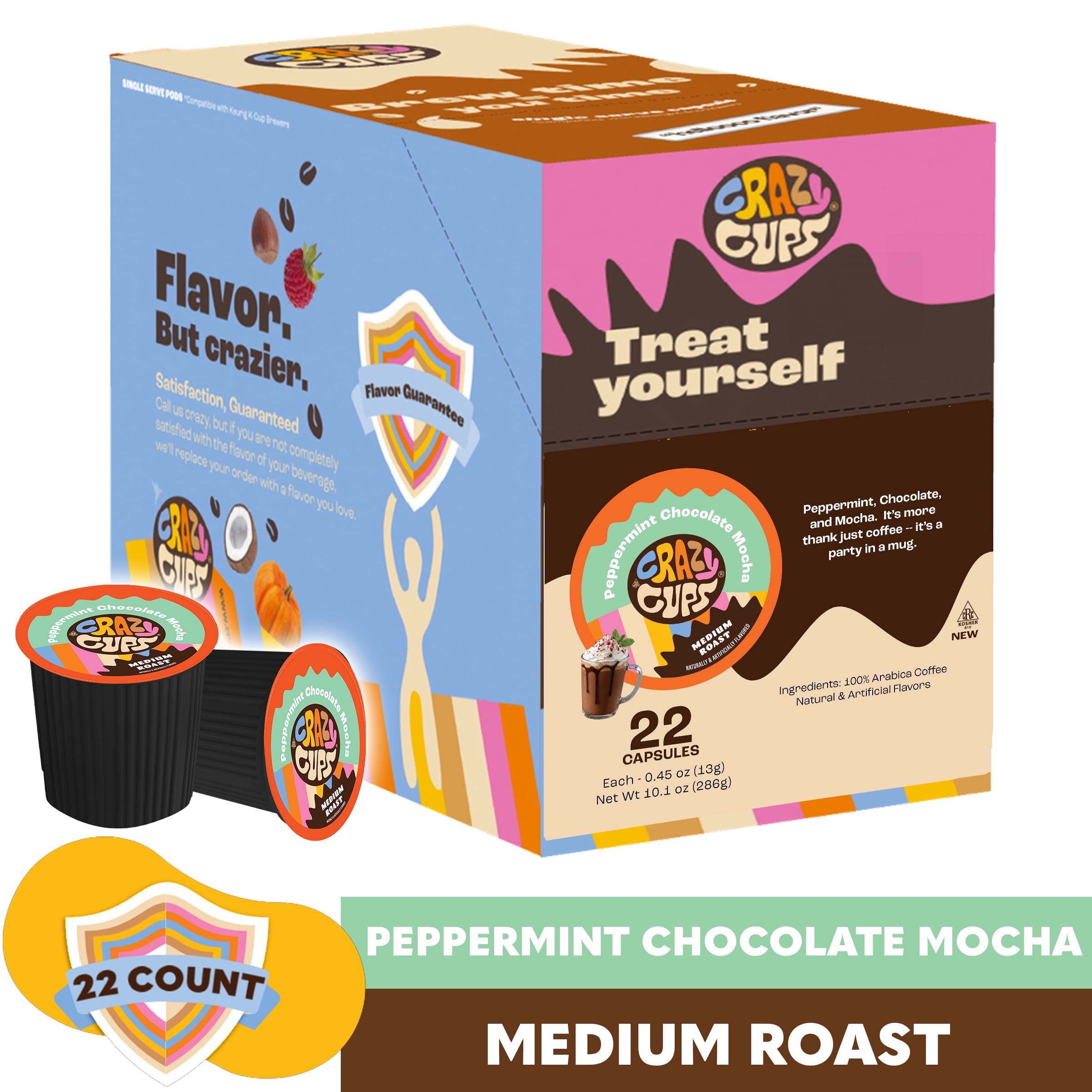 Crazy Cups Peppermint Chocolate Mocha Coffee Pods, Medium Roast, 22 Count for Keurig K-Cup Machines