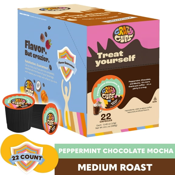 Crazy Cups Peppermint Chocolate Mocha Coffee Pods, Medium Roast, 22 Count for Keurig K-Cup Machines