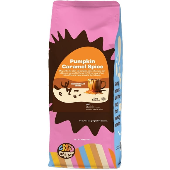 Crazy Cups Pumpkin Caramel Ground Coffee, Medium Roast, 10 oz Bag, For Brewing Flavored Hot or Iced Coffee