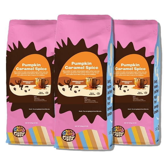 Crazy Cups Pumpkin Caramel Ground Coffee, Medium Roast, 3, 10 oz Bag, For Brewing Flavored Hot or Iced Coffee