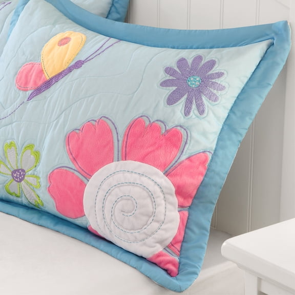 Crazy Daisy Reversible Quilt Set with Throw Pillow - Multi Colored, Soft Polyester Microfiber, Quilted & Brushed Reverse, Plush Applique on Shams, Cotton Filling, Prewashed Finish