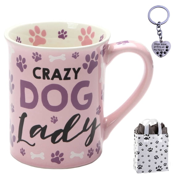 Crazy Dog Lady 16oz Funny Coffee Mug, Paw Print Keychain & Bag - Bundle Set Dog Mom