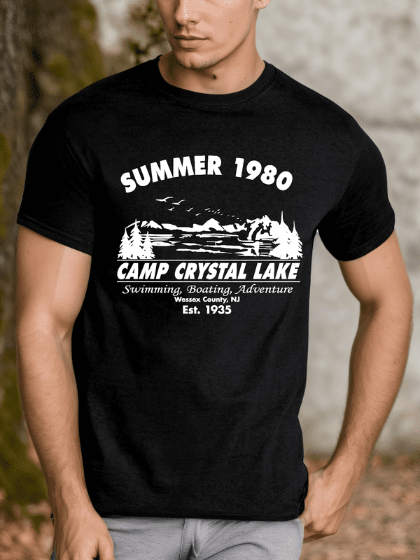 Crazy Dog Men's T shirt Camp Crystal Lake 1980 Spooky Halloween Graphic Novelty Tees