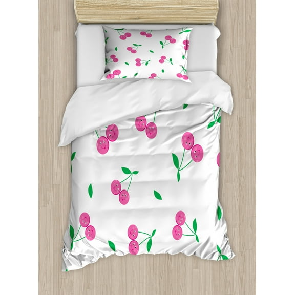 Crazy Duvet Cover Set Twin Size, Cartoon Style Cherries with Smiling Faces Stalks and Leaves Nursery Fruit Characters, Decorative 2 Piece Bedding Set with 1 Pillow Sham, Pink Green, by Ambesonne