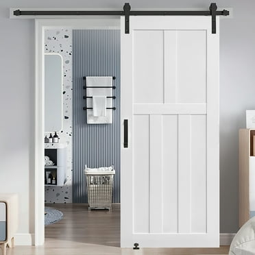 Crazy Elf 28" X 84" Five Panel Real Primed Door Slab + 6.6Ft Barn Door Sliding Hardware + Adjustable Floor Guider + Pull Handle, Diy Unfinished Paneled Door, Modern Interior Barn Door, Moisture-Proof