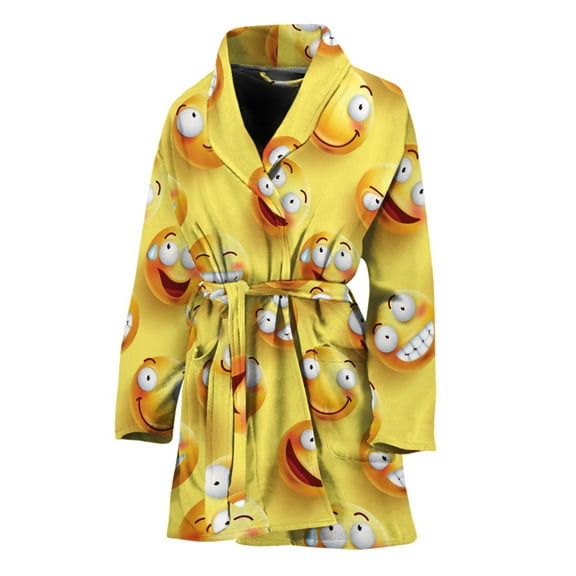 Crazy Emoji Pattern Women Bathrobe One Size Univeral Fits Fashion Lightweight Plush Fleece Long Robe For Women
