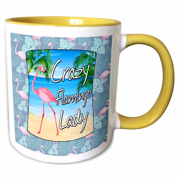 3drose, Crazy Flamingo Lady with Pink Flamingo on a Beach., 11oz Two-tone Yellow Mug