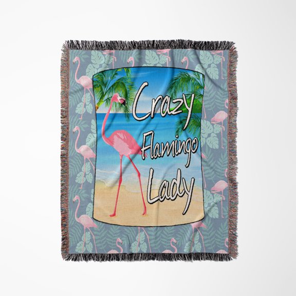 Crazy Flamingo Lady With Pink Flamingo On A Beach., Woven Blanket