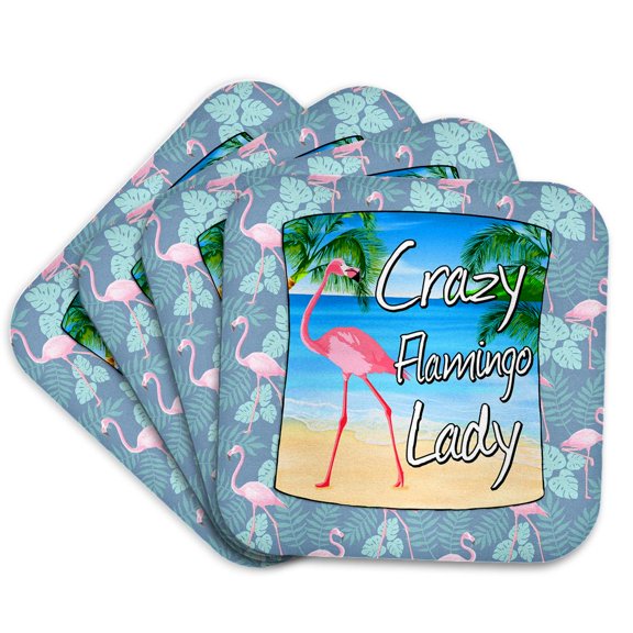 3drose, Crazy Flamingo Lady with Pink Flamingo on a Beach., Set of 4 Coasters - Soft