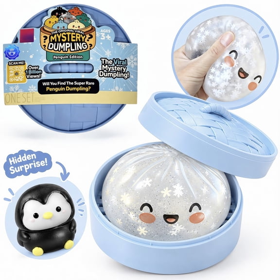 Crazy Fun RMS Glitter Giant Mystery Penguin Edition Dumpling Squishy - Hidden Surprise Figure Stress Relief Fidget Toy with Blue Steamer Case, Ideal Kids Christmas Stocking Stuffer Holiday Gift