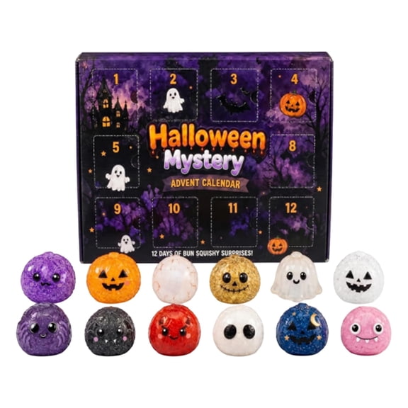 Crazy Fun RMS Halloween Dumpling Squishies Toys - Halloween Mystery Advent Calendar, 12 Days of Spooky Bao Bun Squishiesies Surprises with Glitter Fun, Stress Relief Toys for Adults