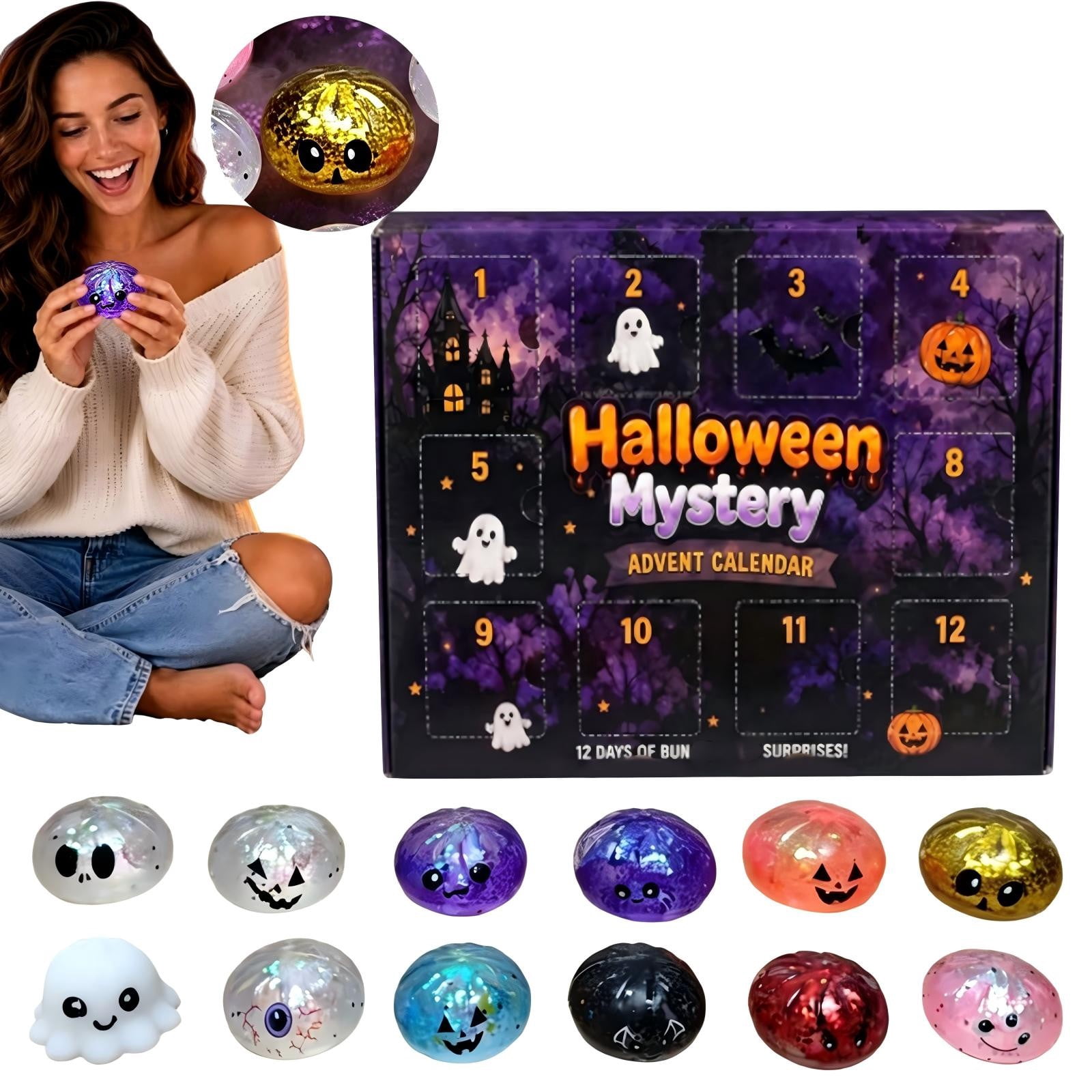Crazy Fun RMS Halloween Dumpling Squishies Toys - Halloween Mystery Advent Calendar, 12 Days of Spooky Bao Bun Squishiesies Surprises with Glitter Fun, Stress Relief Toys for Adults