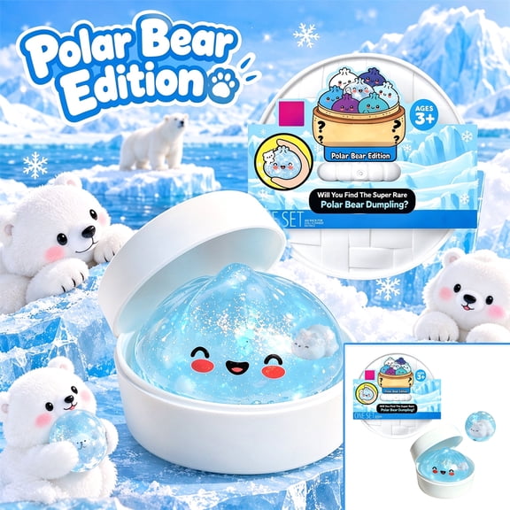 Crazy Fun RMS Mystery Giant Glitter Polar Bear Edition Dumpling Squishy - Clear Jelly Stress Relief Fidget Toy with Steamer Case, Random Collectible Style, Kids Party Favor Stocking Stuffer Gift
