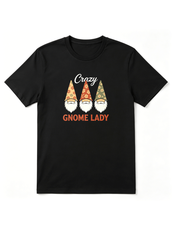 Crazy Gnome Lady Fantasy Humor Vintage Graphic Tee for Women, Goofy Birthday Gift Cotton Short Sleeves T-Shirt