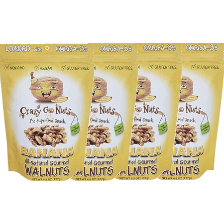 Crazy Go Nuts All-Natural Gourmet Banana Walnuts, Non-GMO, Vegan and Gluten Free, 4-Pack Bags