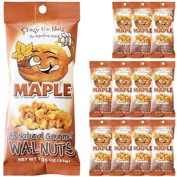 Crazy Go Nuts Maple Walnuts - Glazed Walnuts for Snacking, Candied Walnut Pieces Bulk, Individual Packs, Natural Source of Omega 3 ALA, Gluten Free, Premium Healthy Snack - 1.25 oz Bags (12 Pack)