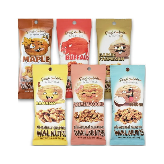 Crazy Go Nuts Walnuts GGA1 Sampler (Banana, Buffalo, Garlic Parmesan, Maple, Oatmeal Cookie) - Glazed Walnuts, Gluten Free, Superfood, Natural, Omega 3 Fatty Acids, and Antioxidants - 6-Pack