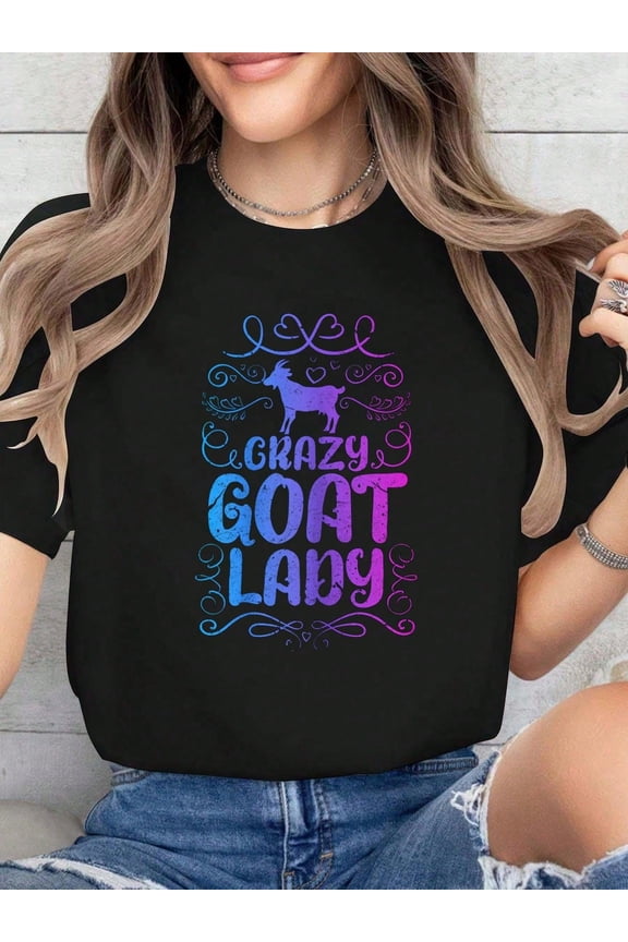 Crazy Goat Lady Funny Retro Graphic Tee Women's Short Sleeve Farm Life Animal Lover T-Shirt