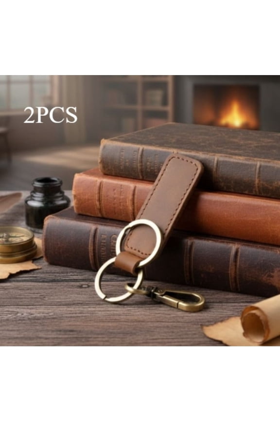 Crazy Horse Brown Leather Keychain - Genuine Leather Double Ring Universal Key Fob Holder, 360° Rotatable Anti-Scratch Key Chain for Men & Women(2PCS)