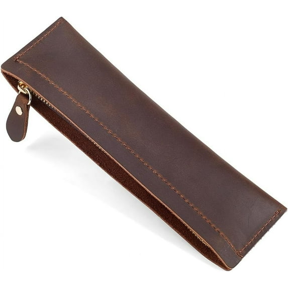 Crazy Horse Cowhide Leather Pencil Case Rectangular Vintage Pen Bag with Zipper Closure Real Leather Pencil Pouch Genuine Leather Fountain Pen Holder