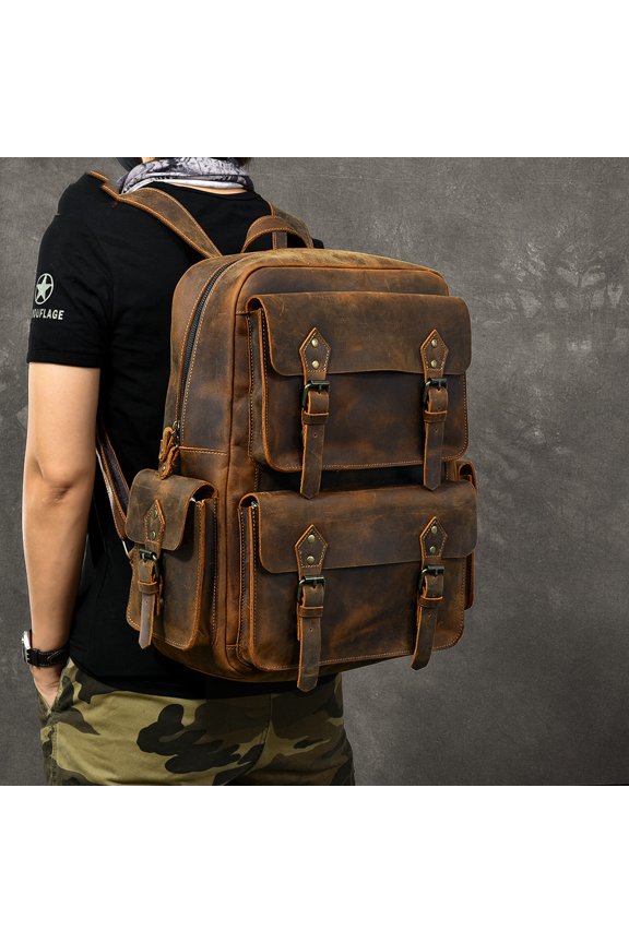 Crazy Horse Leather Backpack,Coffee