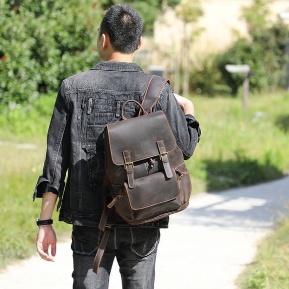 Crazy Horse Leather Backpack Men's Handmade Classic,Brown