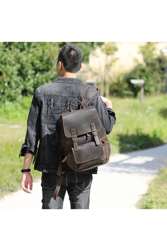 Crazy Horse Leather Backpack Men's Handmade Classic,Dark Coffee