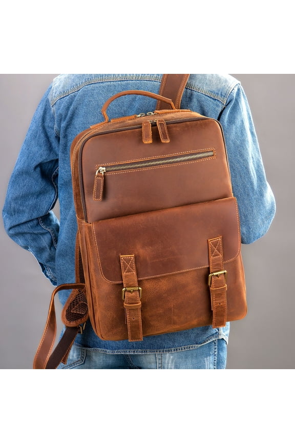 Crazy Horse Leather Retro Men's Large Capacity Backpack,Brown