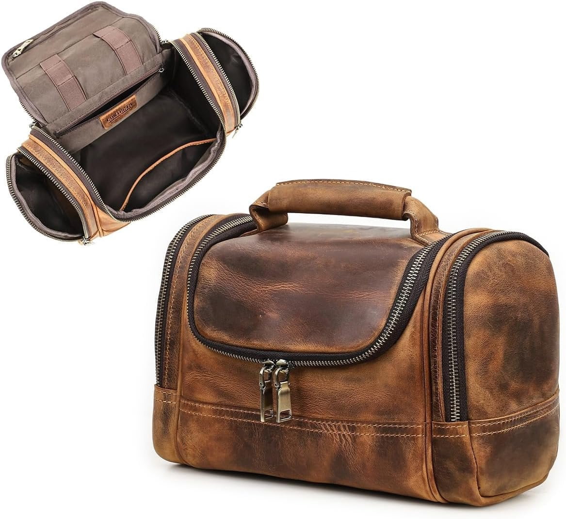 Crazy Horse Leather Toiletry Bag for Men Travel Bathroom Shaving Dopp ...