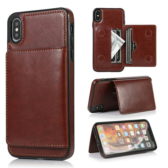 Crazy Horse Pattern Phone Card Holder Case - Magnetic Protective Shell for iPhone - Simple Back Cover Stand Design (Brown,iPhone 7/8)