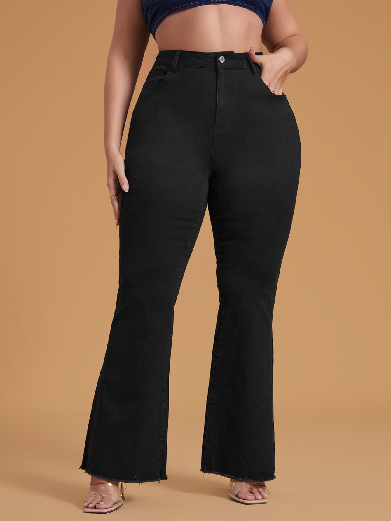 Crazy June Women's Plus Size High Waist Mini Flare Jeans, High Waist  Stretch Slim Fit Black Hip Raise Jeans